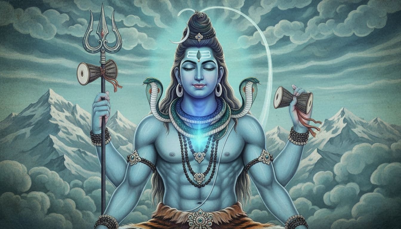 Neelkanth Shiva meditates with a striking blue throat, serene face, trident and damaru in hand, snakes coiled around his neck, set against a majestic Himalayan background in ancient Indian Hindu art style with cool blue hues and ethereal glow.