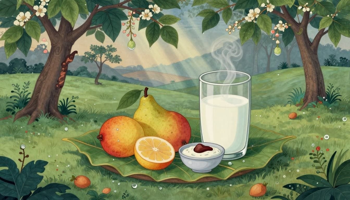 Ancient Hindu Pahari painting-style landscape of fruits, milk, and simple sattvic foods on a leaf plate ready to break fast, bathed in morning light with dewdrops, blooming bel tree background, and subtle divine rays.