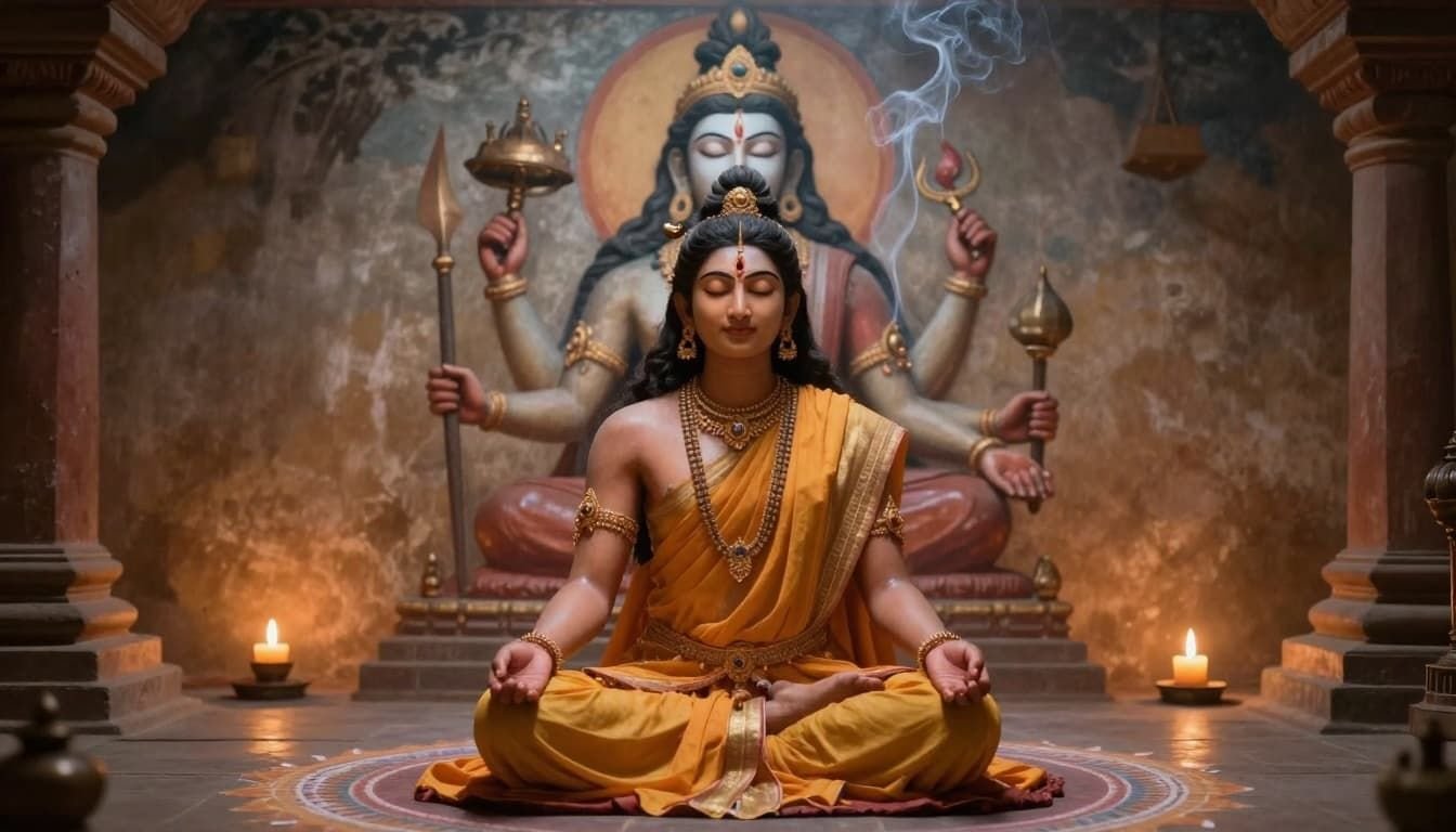 A peaceful devotee meditates with eyes closed before an Ardhanarishvara murti in a simple temple, surrounded by incense smoke, candlelight, and rangoli on the stone floor, rendered in ancient Hindu fresco style.