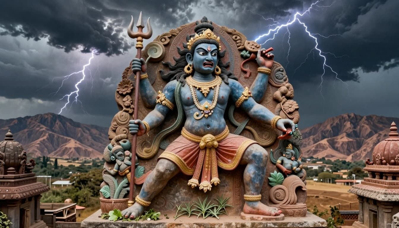 Landscape in ancient Hindu art style depicting Rudra as a fierce Vedic god with wild hair and trident, surrounded by storm clouds, lightning bolts, and healing herbs against a mountainous background.