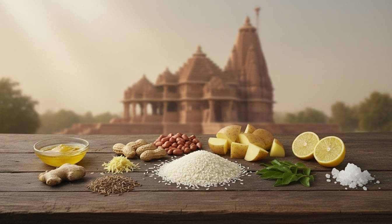 Ancient Hindu art style landscape painting of fresh sama rice khichdi ingredients arranged on a wooden surface, including white sama rice, peanuts, diced potatoes, ginger, cumin, ghee, curry leaves, lemon, and rock salt, with faint temple architecture in the rustic background under natural daylight.