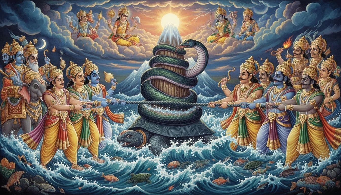 Devas and asuras churn the ocean of milk using Mount Mandara as the rod, Vasuki serpent as rope, and Kurma tortoise supporting below, in dramatic ancient Indian Hindu art style with vibrant colors and epic composition.