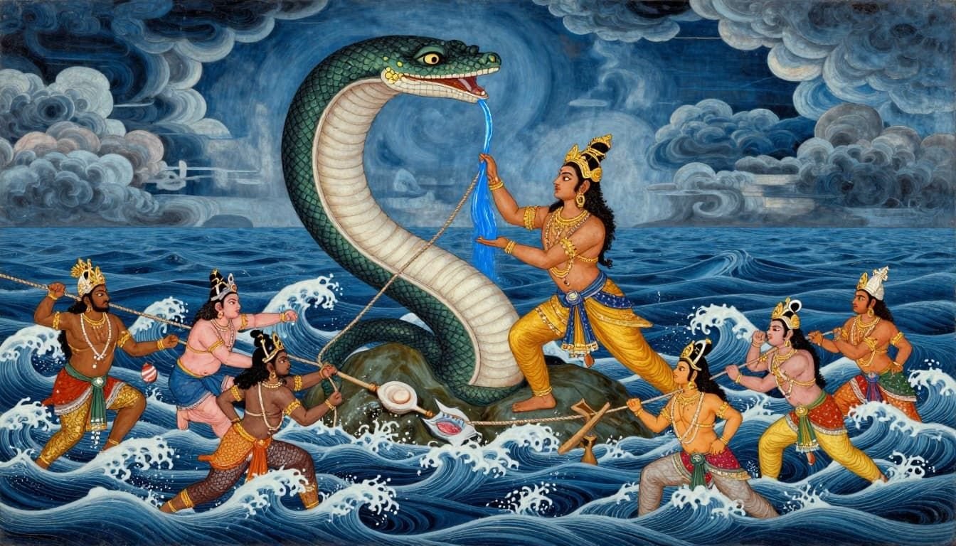 Epic depiction of Samudra Manthan with gods and demons churning the ocean using Vasuki serpent and Mount Mandara as the rope. In the center, Lord Shiva drinks the deadly Halahala poison, steadied by Parvati, in ancient Hindu fresco and Rajasthani painting style.