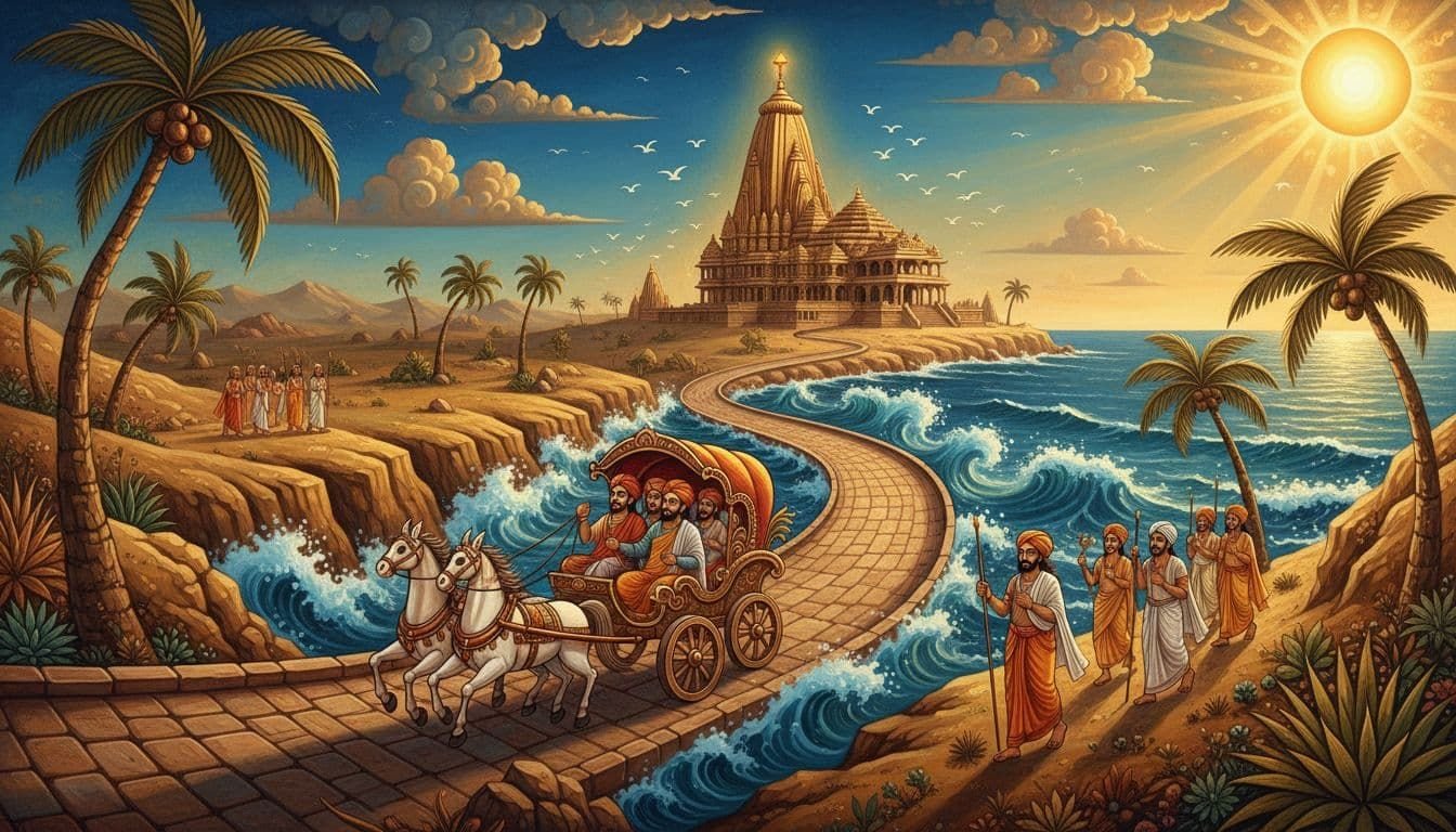 Scenic travel route to Somnath Temple along Gujarat coast, car on winding road near sea, distant temple on hill, pilgrims walking amid palm trees and arid landscape in bright daylight.