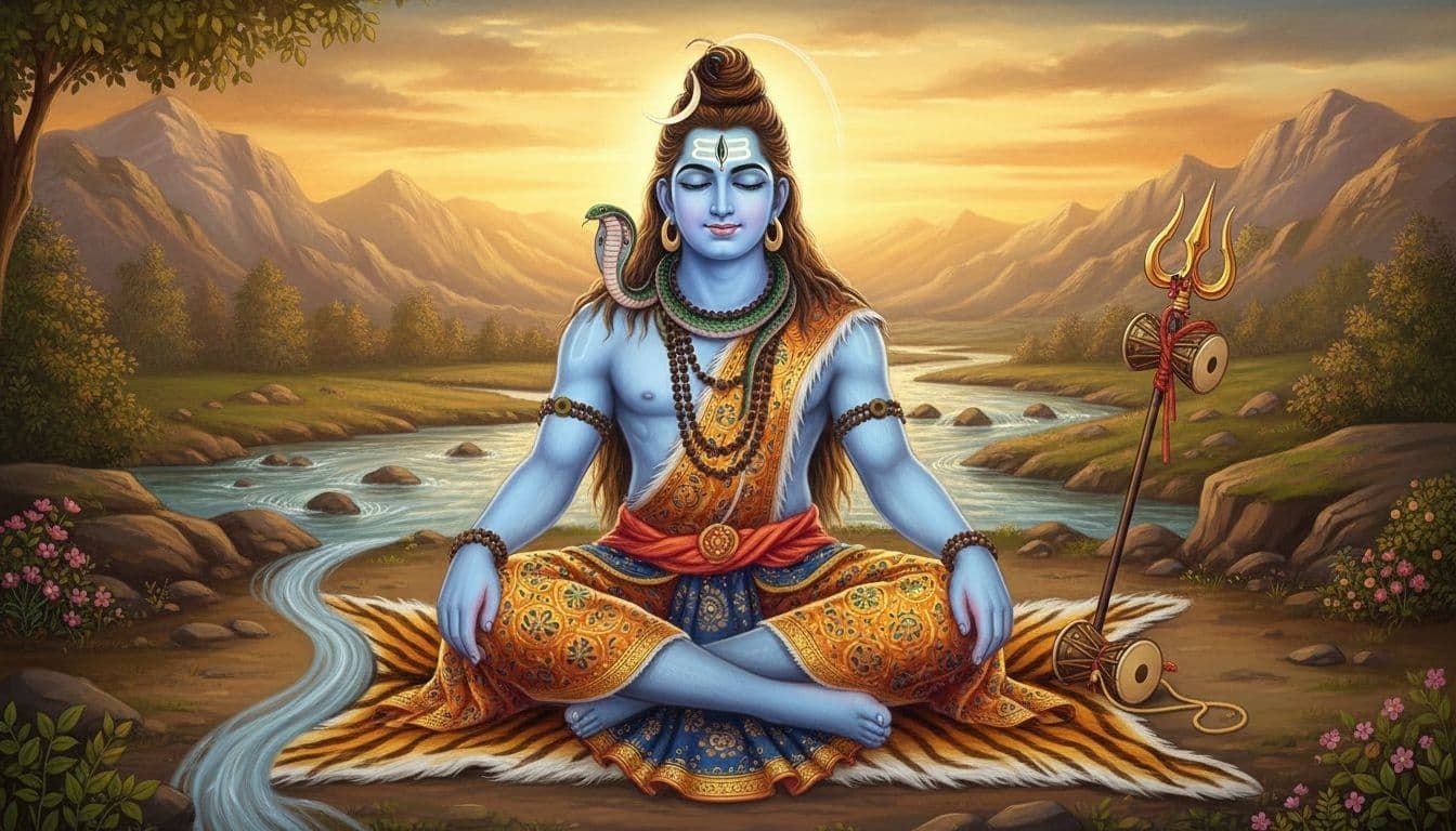 Gentle depiction of Lord Shiva sitting cross-legged in meditation on a tiger skin by a river, featuring crescent moon, serpent, trishul, damaru, softly glowing third eye, blue skin, serene expression, peaceful mountains, flowing Ganga, in ancient South Indian Hindu painting style with vibrant soft colors and golden hour lighting.