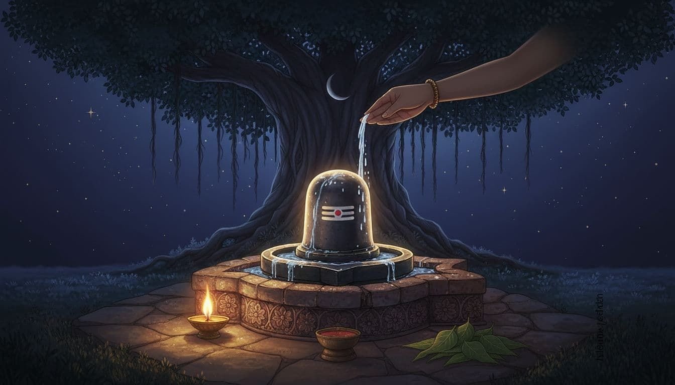 A peaceful night puja scene in ancient Indian and Hindu art style, featuring a glowing Shiva Lingam receiving water abhishekam, bilva leaves, diya lamp, under starry skies and banyan tree with soft golden light.