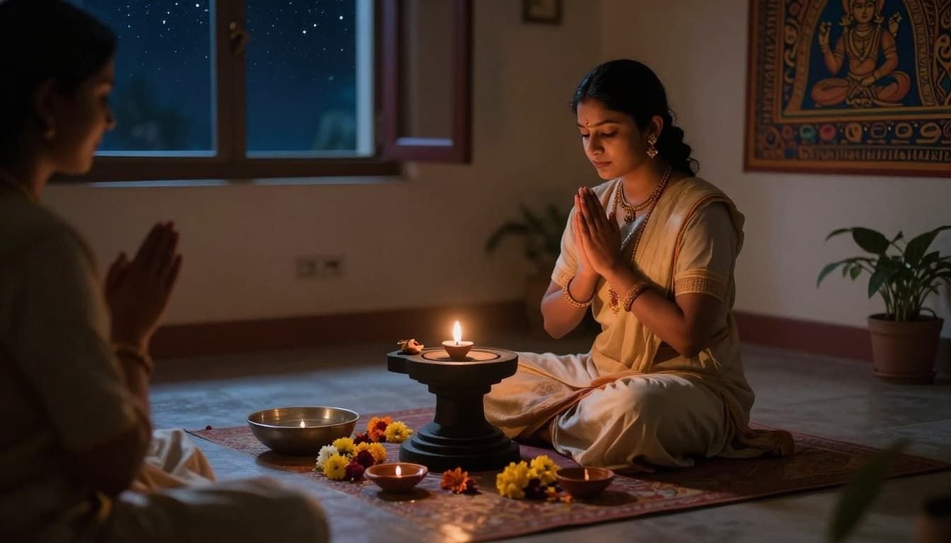 A serene solo practitioner sits in a simple home sacred space at night, lighting a small diya lamp before a Shiva lingam surrounded by minimal offerings like water and flowers, with hands in prayer and a starry night sky in the background, in ancient Hindu art style.
