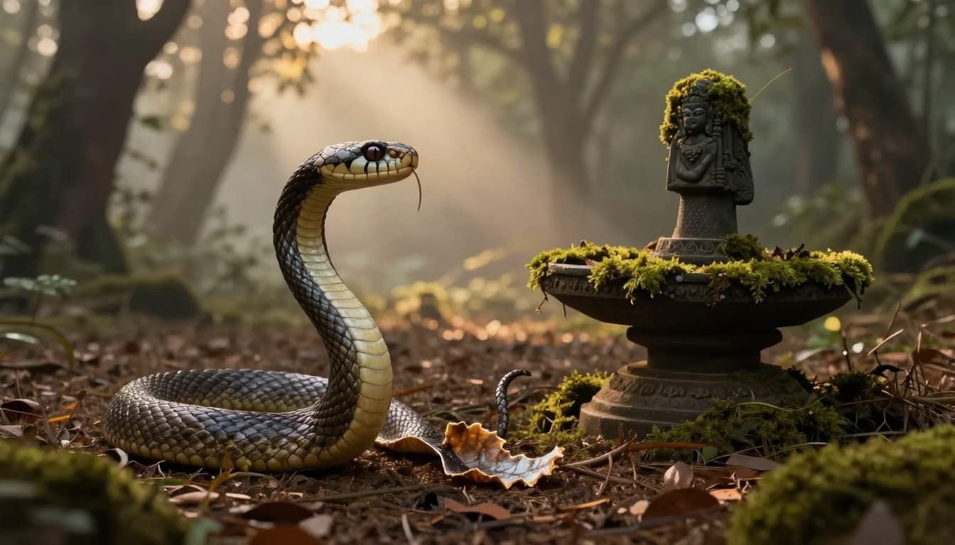 A serpent sheds its skin in a forest clearing at dawn, symbolizing rebirth with shiny new scales emerging, beside a moss-covered Shiva lingam under soft rays of light.
