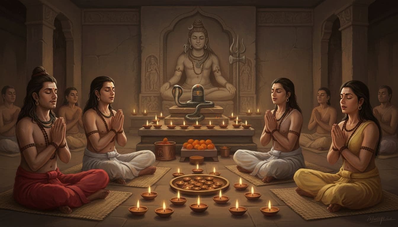 A group of devotees in meditation pose with eyes closed and hands in prayer, chanting Shiva mantras in a calm setting before darshan, lit by soft candlelight near a simple altar with Shiva symbols, in ancient Indian Hindu art style.