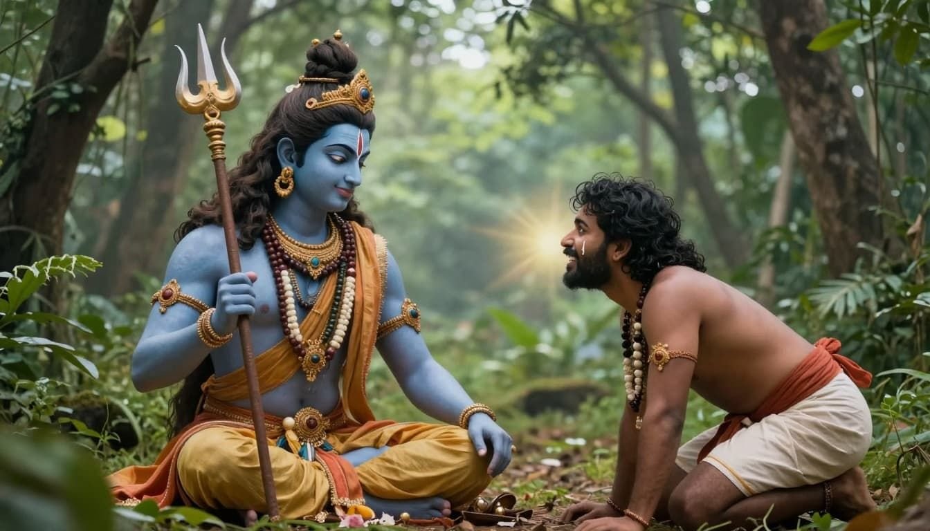 Landscape in ancient Hindu art style showing benevolent Lord Shiva with matted hair, trident, and serene smile appearing to the prostrating hunter Kannappa in a lush forest, divine aura glowing around Shiva amid greenery.