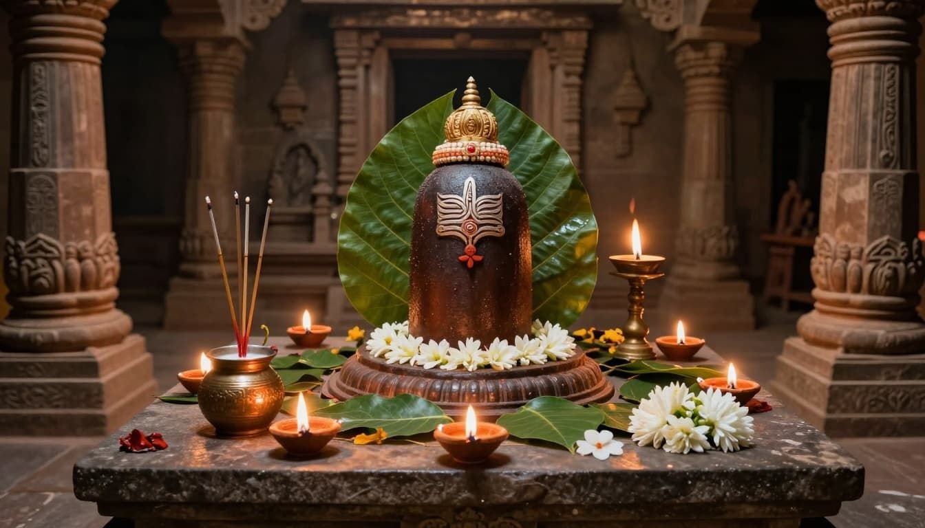 Landscape in ancient Hindu art style showing a Shiva temple altar with smooth lingam on yoni base, surrounded by bilva leaves, milk pot, incense, diya lamps, and white flowers in a dimly lit interior.