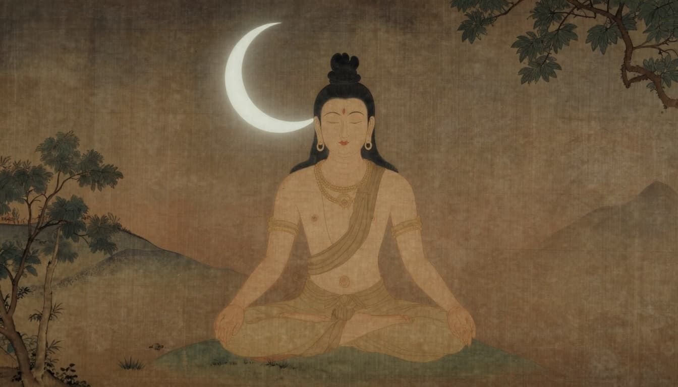 Ancient Hindu style painting of a person in quiet reflection under a night sky with a prominent crescent moon, evoking Shiva's symbolism in a simple meditation pose amid peaceful trees and hills.