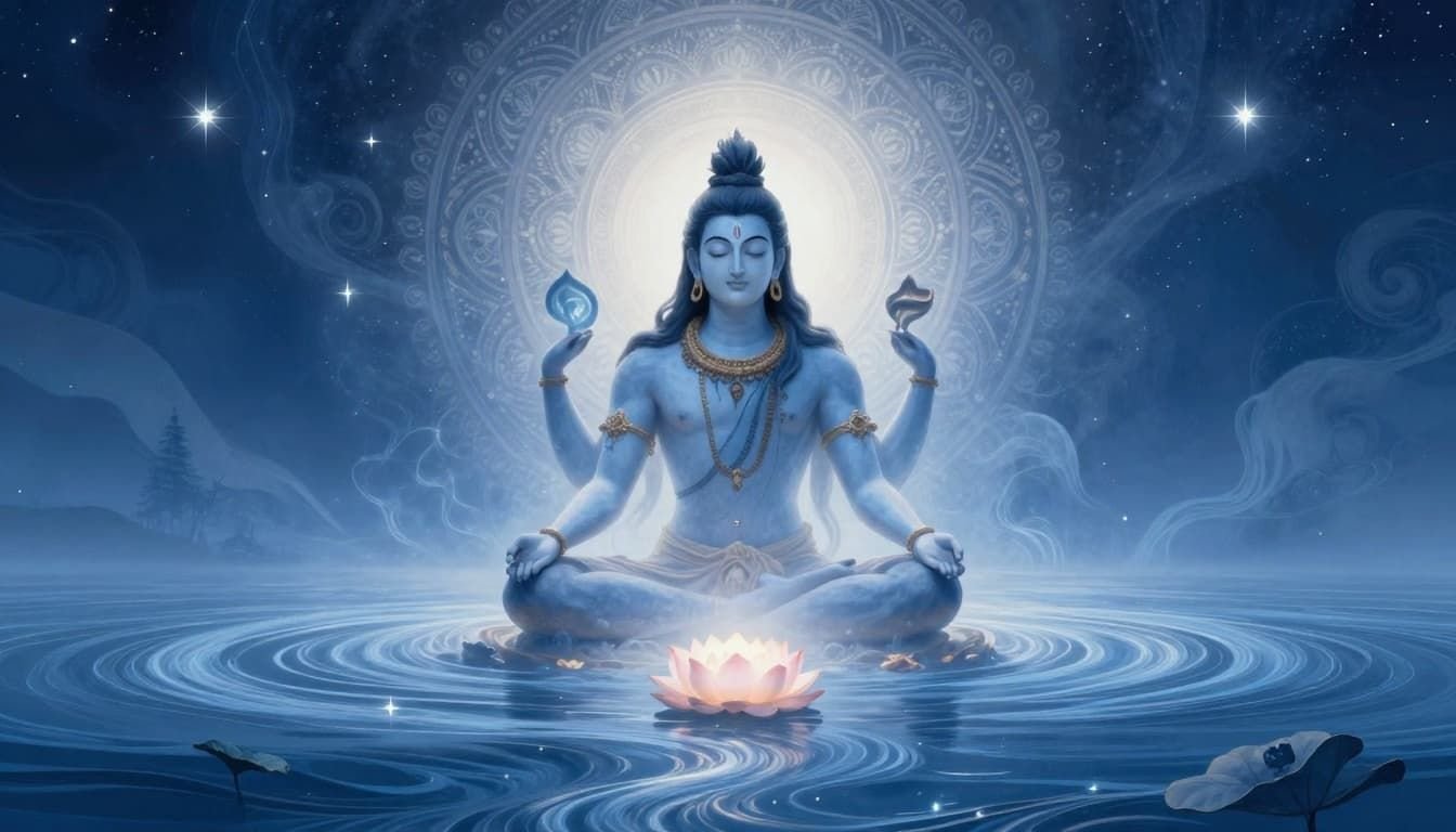 Landscape in ancient Hindu art style illustrating Shiva's meditative inner stillness, with his form dissolving into light amid symbolic Ganga river, blooming lotus, eternal starry night, ethereal blue-white palette, and intricate mandala patterns evoking profound peace and spiritual awakening.