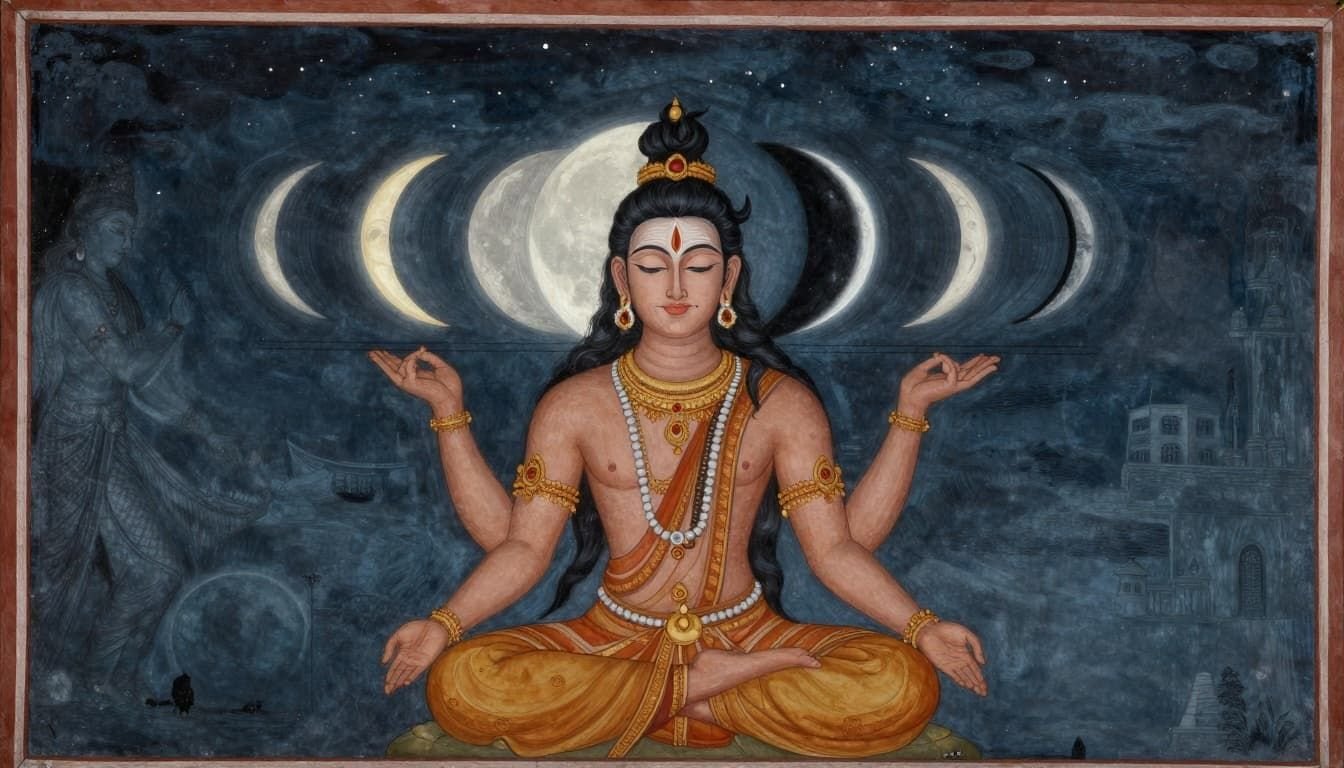 Ancient Hindu style painting illustrating waxing and waning phases of the moon integrated with Shiva's head, featuring cycles of light and dark on the crescent moon in his hair. Shiva in meditative pose against a starry night sky, with intricate patterns, warm and cool contrasts, and a serene atmosphere.