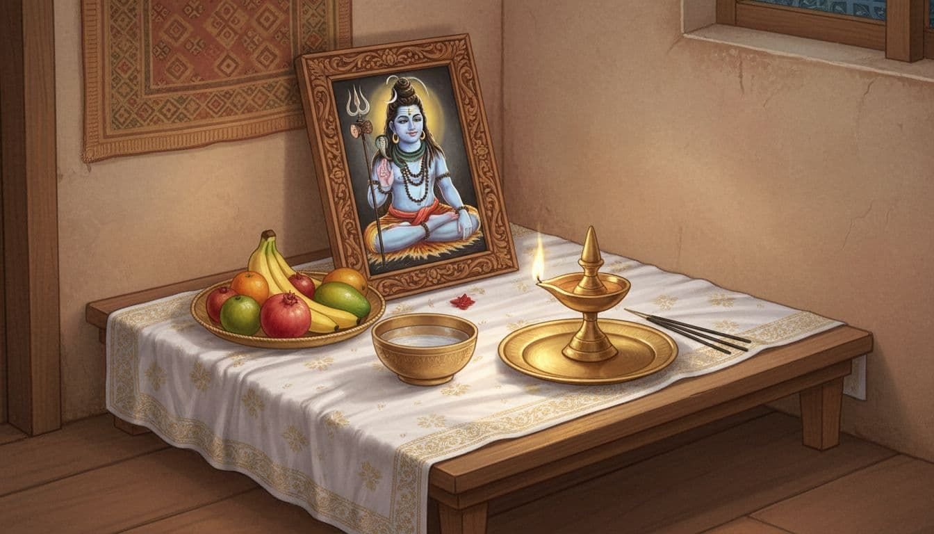 A serene depiction of a modest home altar for Shiva puja in ancient Hindu and Indian miniature painting style, featuring a framed Lord Shiva image centered on white cloth with water bowl, fresh fruits, brass diya, incense sticks, and a drip plate in a warmly lit room corner.