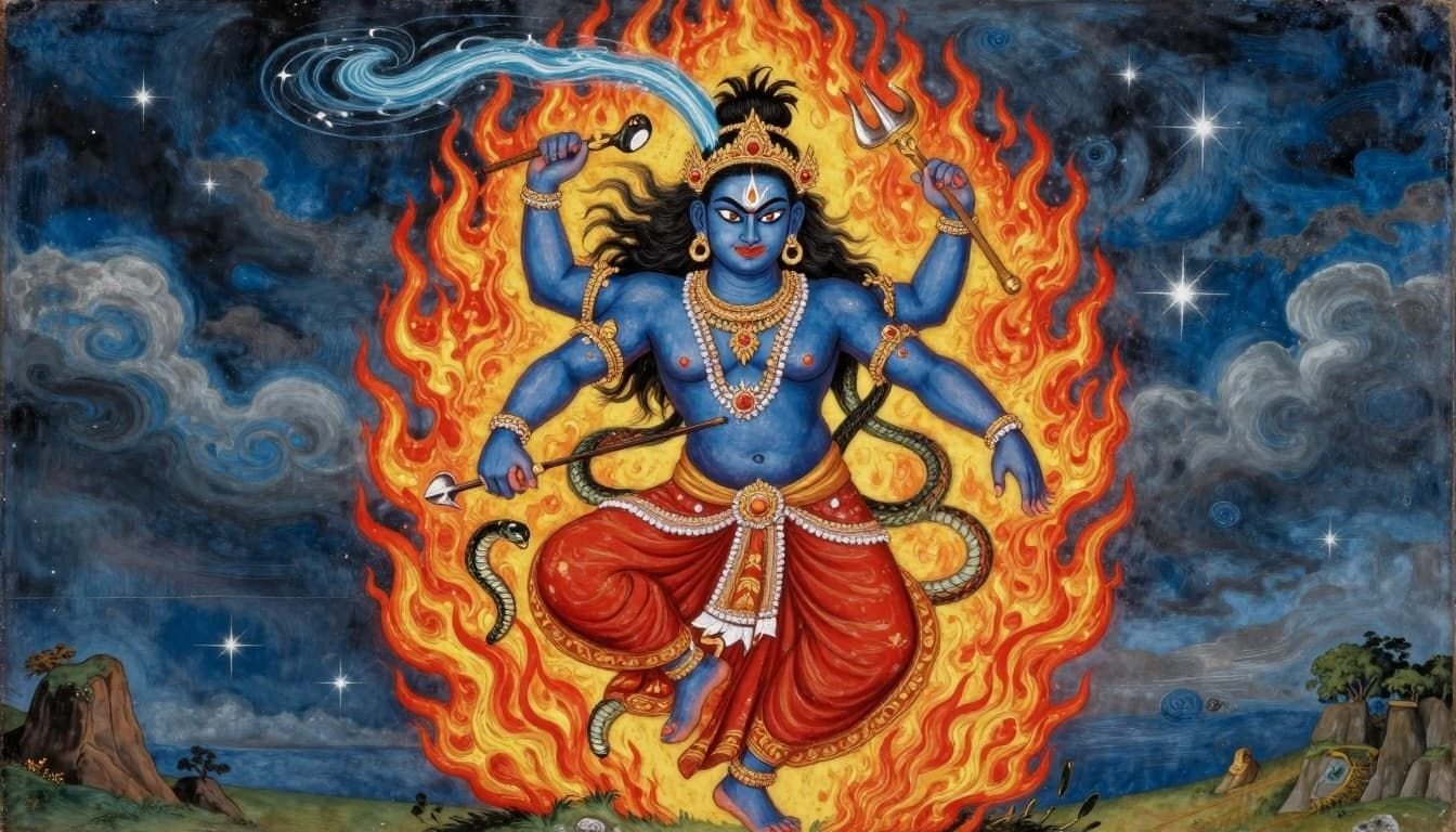 Landscape 16:9 image styled as ancient Hindu miniature painting depicting Lord Shiva in dynamic Tandava dance with matted hair flying, glowing third eye, snakes around neck, trident in hand, surrounded by flames, cosmic stars, and Ganges river flowing from his hair.