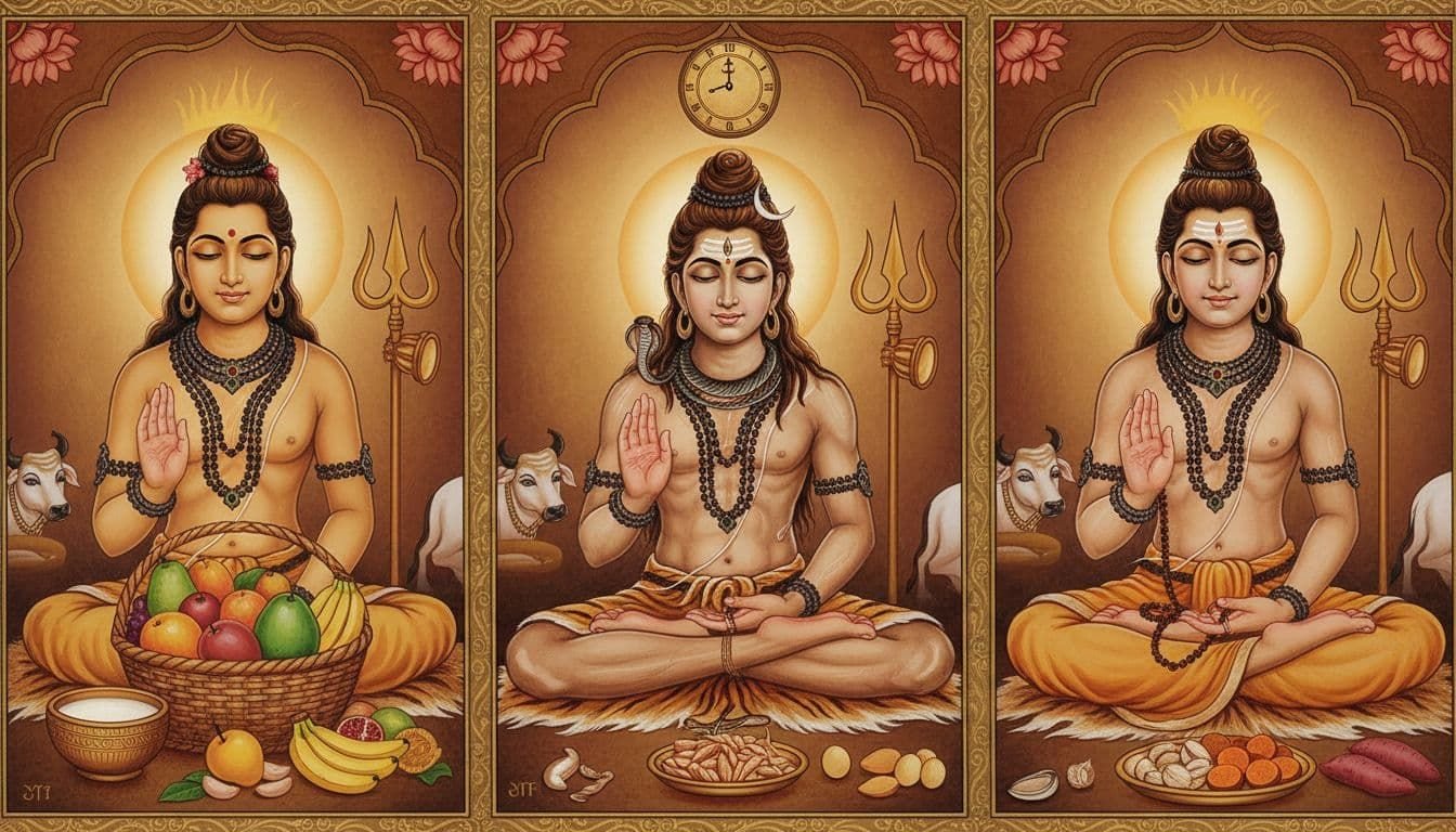 Ancient South Indian Hindu painting depicting Nirjala vrat with a devotee meditating without water under a Shiva image, and Phalahar with fruit-eating, set against a temple sunrise clock, featuring lotuses, trishul, earthy tones, and serene spiritual expressions.