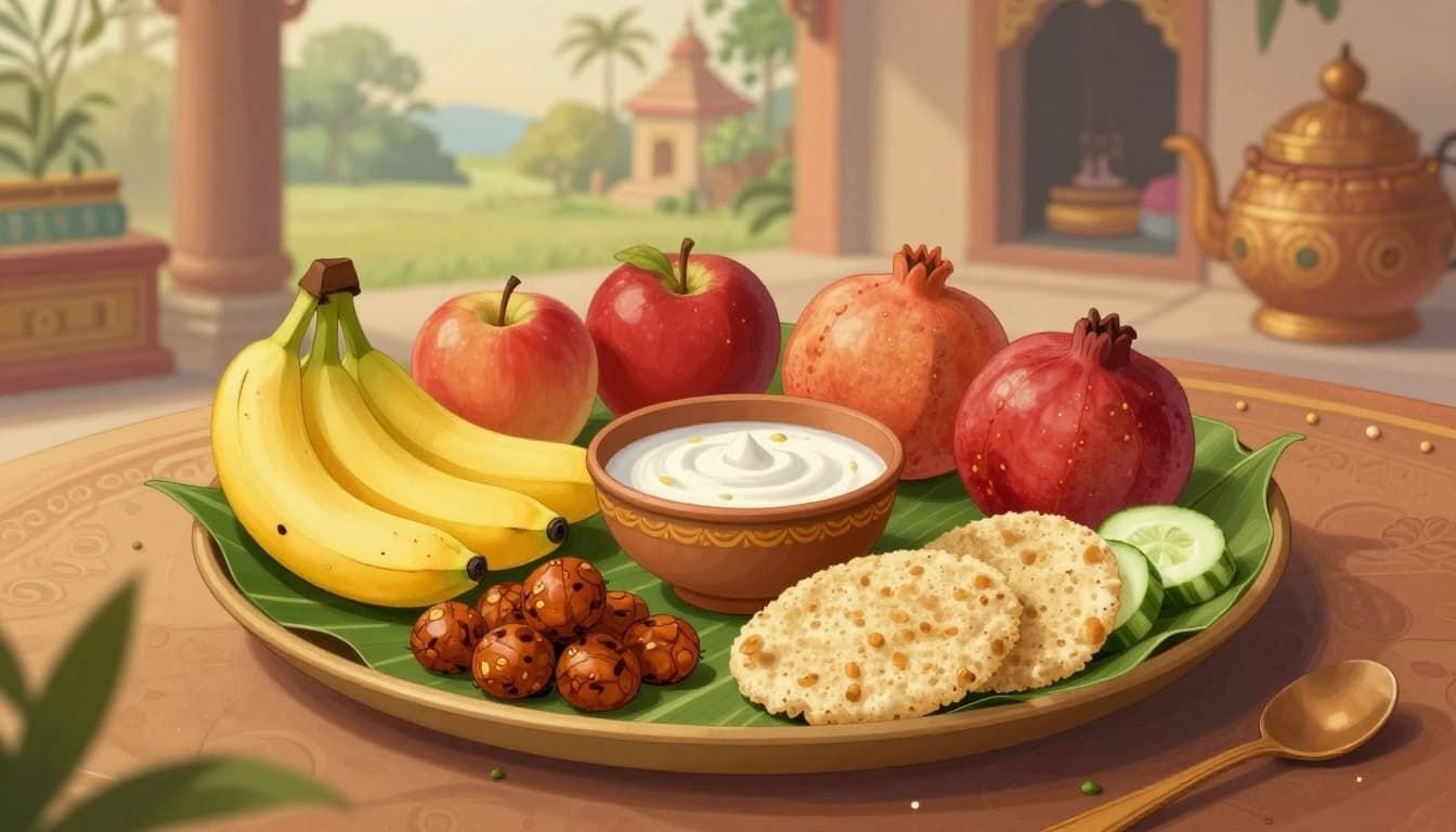 Ancient Hindu art style landscape illustration of satvik fasting foods for Shivratri arranged on a leaf plate, featuring fresh fruits like bananas, apples, and pomegranates, yogurt, roasted makhana, singhara flour roti, and cucumber slices under soft morning light with subtle temple motifs.