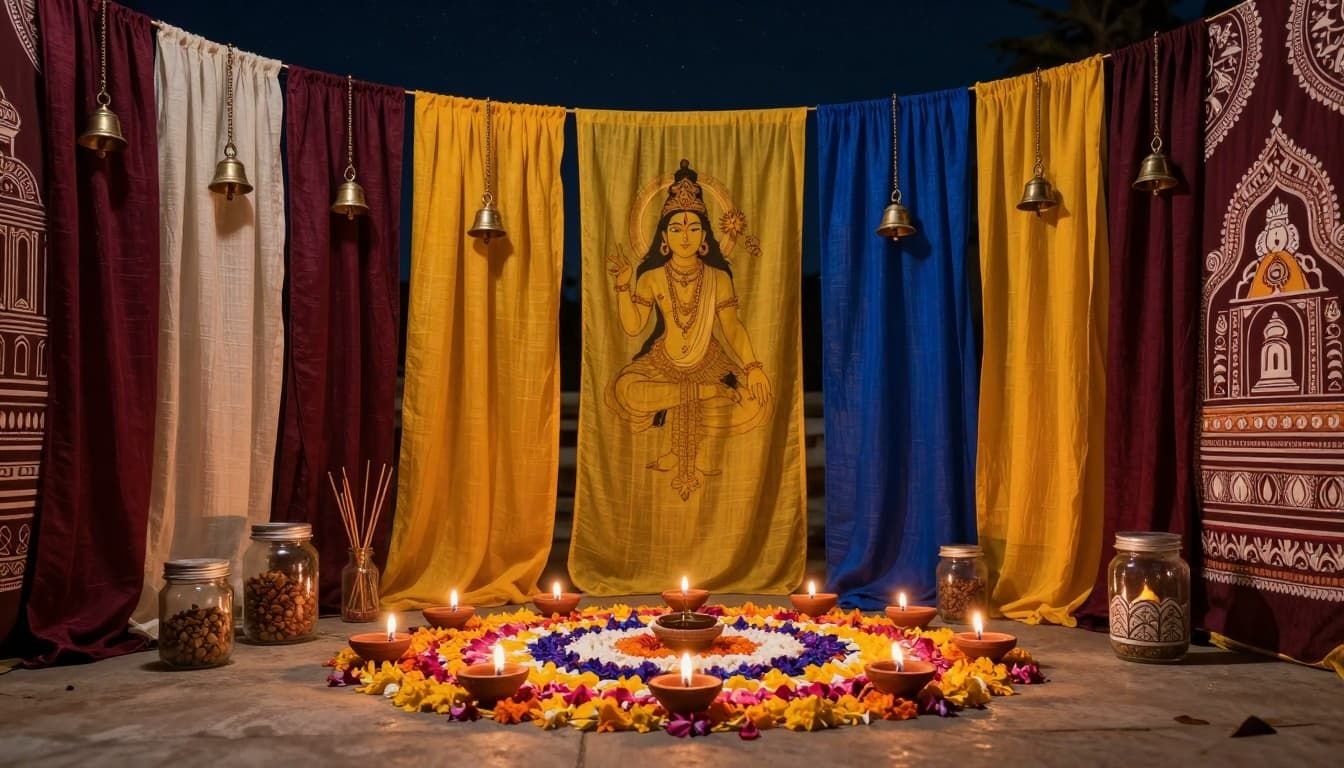 Serene landscape in ancient Hindu art style depicting sustainable decor for Shivratri night vigil, with natural cloth drapes, curved clay diyas, petal rangoli, upcycled incense jars, brass bells, soft energy-efficient lamps, starry sky, and rich saffron-maroon-indigo tones inspired by temple murals.