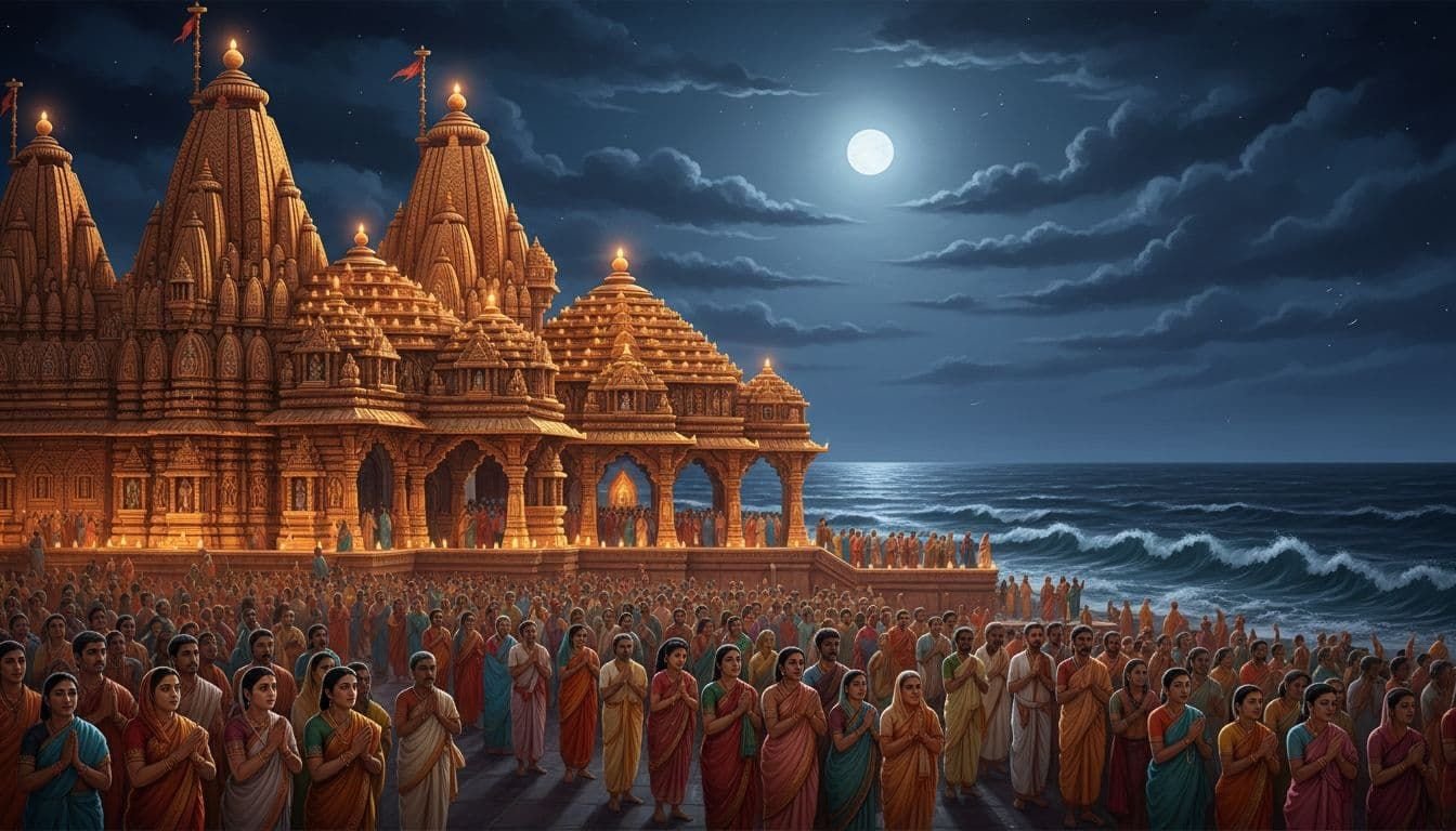 A stunning night scene of Somnath Jyotirlinga temple during Mahashivratri festival, lit with vibrant lamps and diyas, crowds of devotees queuing for darshan, Arabian Sea waves crashing nearby under a full moon, rendered in ancient Indian art style with intricate details and warm tones.