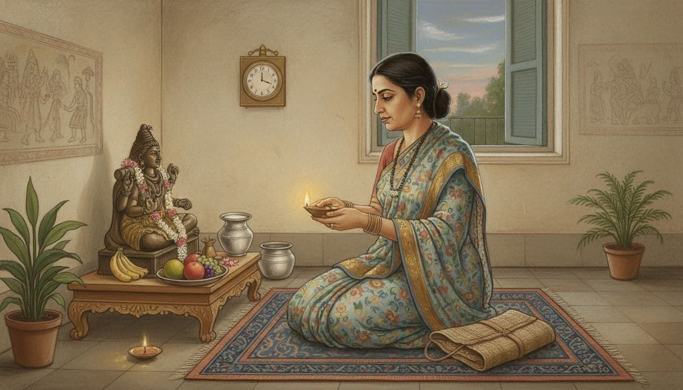 Ancient South Indian pastel painting of a tired yet peaceful person performing simple home puja for Mahashivratri after work, lighting a lamp before Shiva idol with fruits and milk nearby in a cozy evening room.