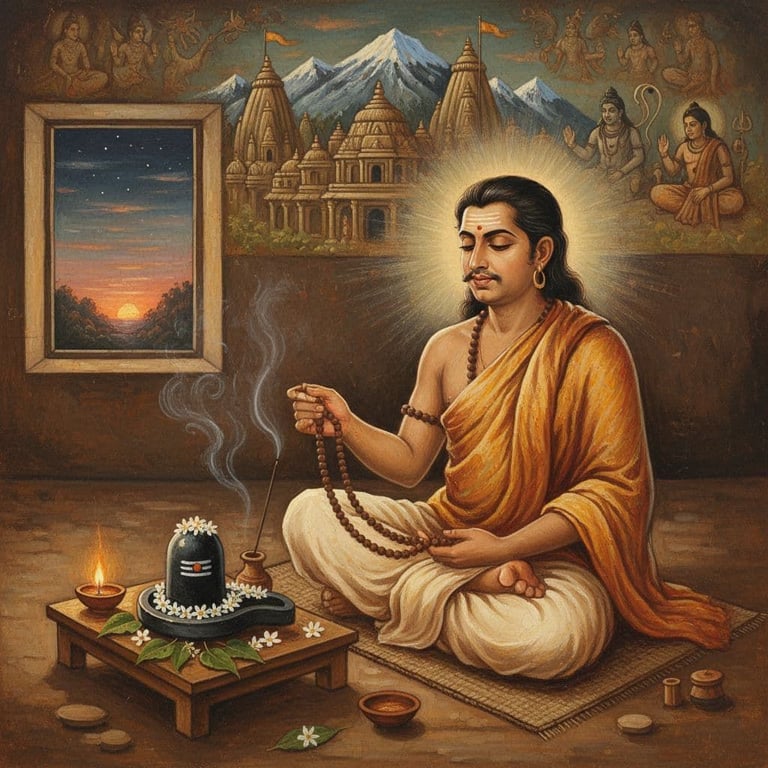 Devotee chanting before dawn in a South Indian painting style