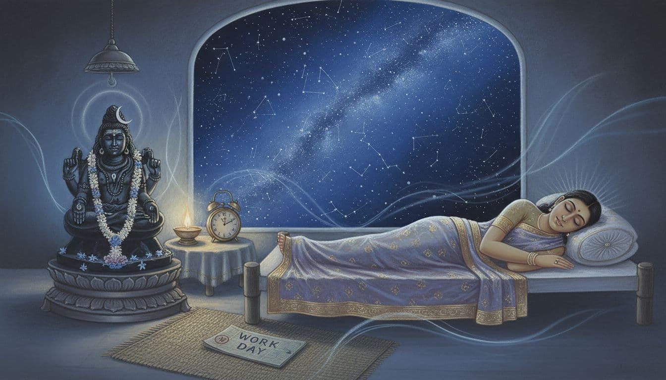Pastel painting in ancient South Indian style illustrating a person briefly resting eyes during night vigil, Shiva murti beside the bed, dim lamp light, alarm clock nearby, starry night outside window, calendar with work day marked, in soothing blues and silvers.