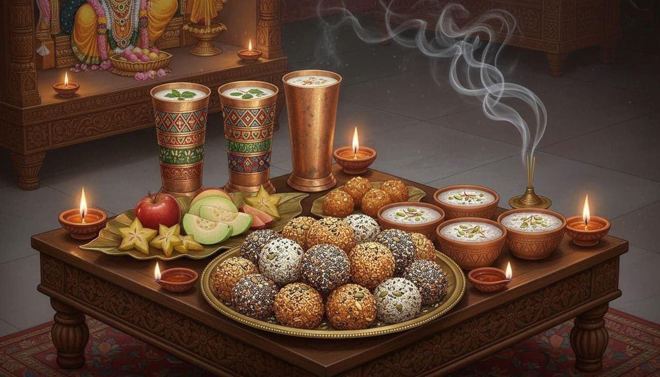 Traditional Hindu fresco painting of sugar-free vrat snacks like coconut nut ladoos, chia kheer with pistachios, spiced buttermilk, and fruit slices arranged on a low wooden table for evening puja, with candlelight glow and incense smoke.