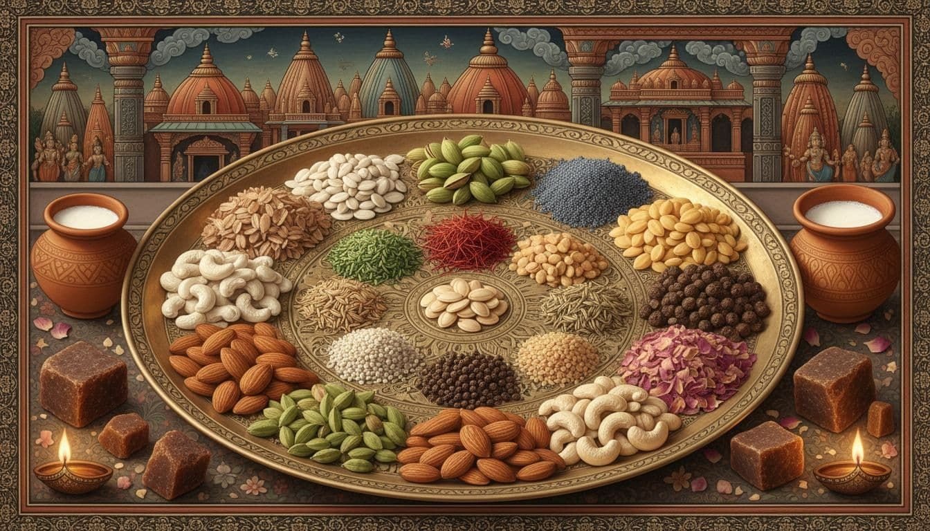 Traditional thandai ingredients arranged on a brass plate