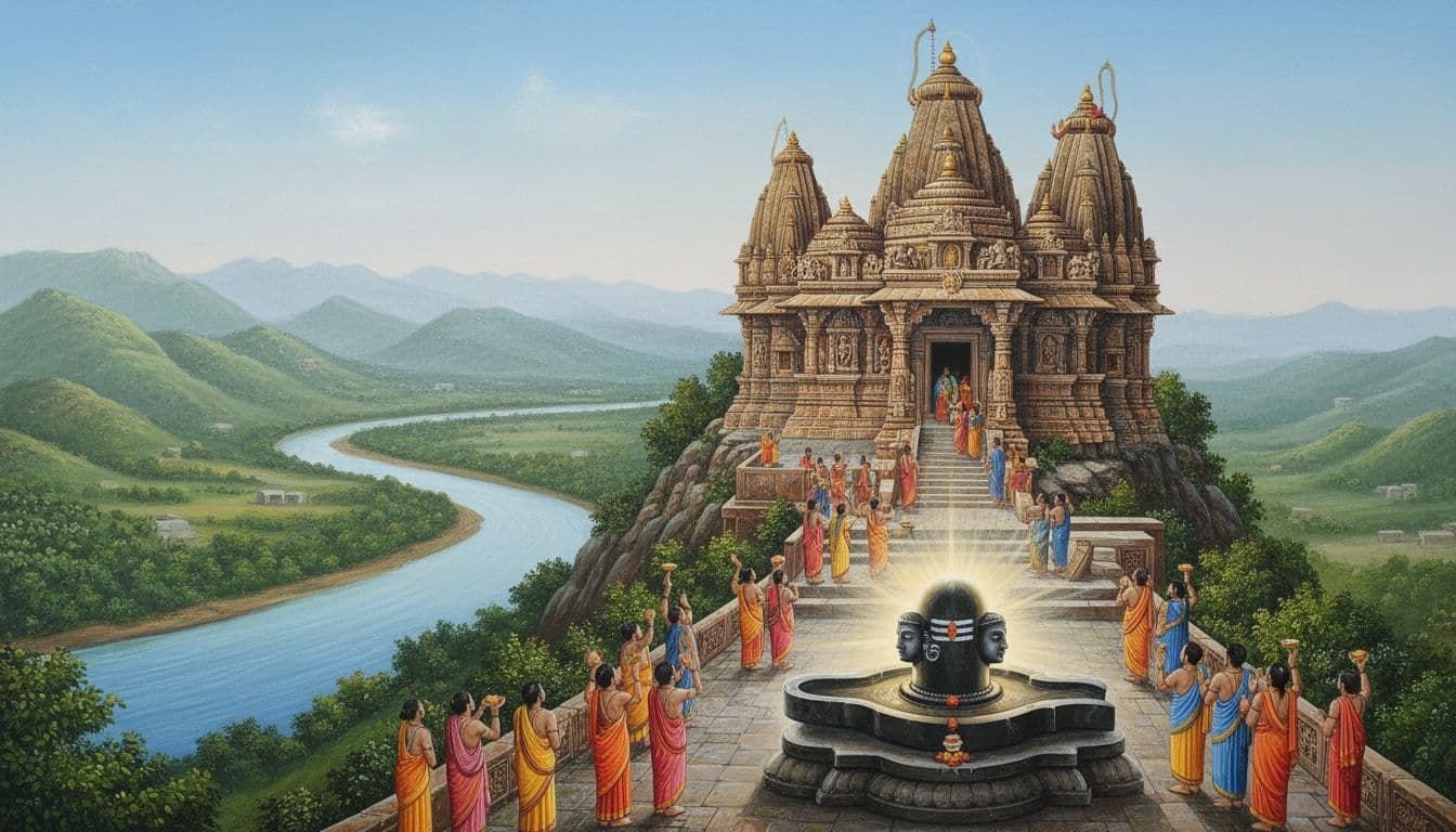 A serene view of Trimbakeshwar Jyotirlinga temple on Brahmagiri hill near Nashik, India, featuring a glowing three-faced Shiva lingam, devotees ascending steps, Godavari river, and misty Sahyadri mountains in ancient Hindu art style.