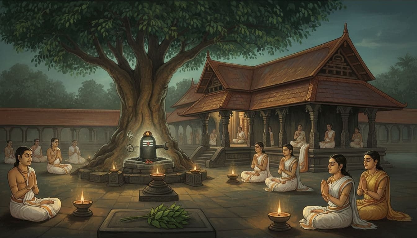 Calm Vadakkunnathan Temple in Thrissur, Kerala at night, featuring traditional architecture, Shiva lingam under a vilvam tree, meditating devotees in misty lamp-lit atmosphere, rendered in Kerala mural art style with subdued greens and golds.
