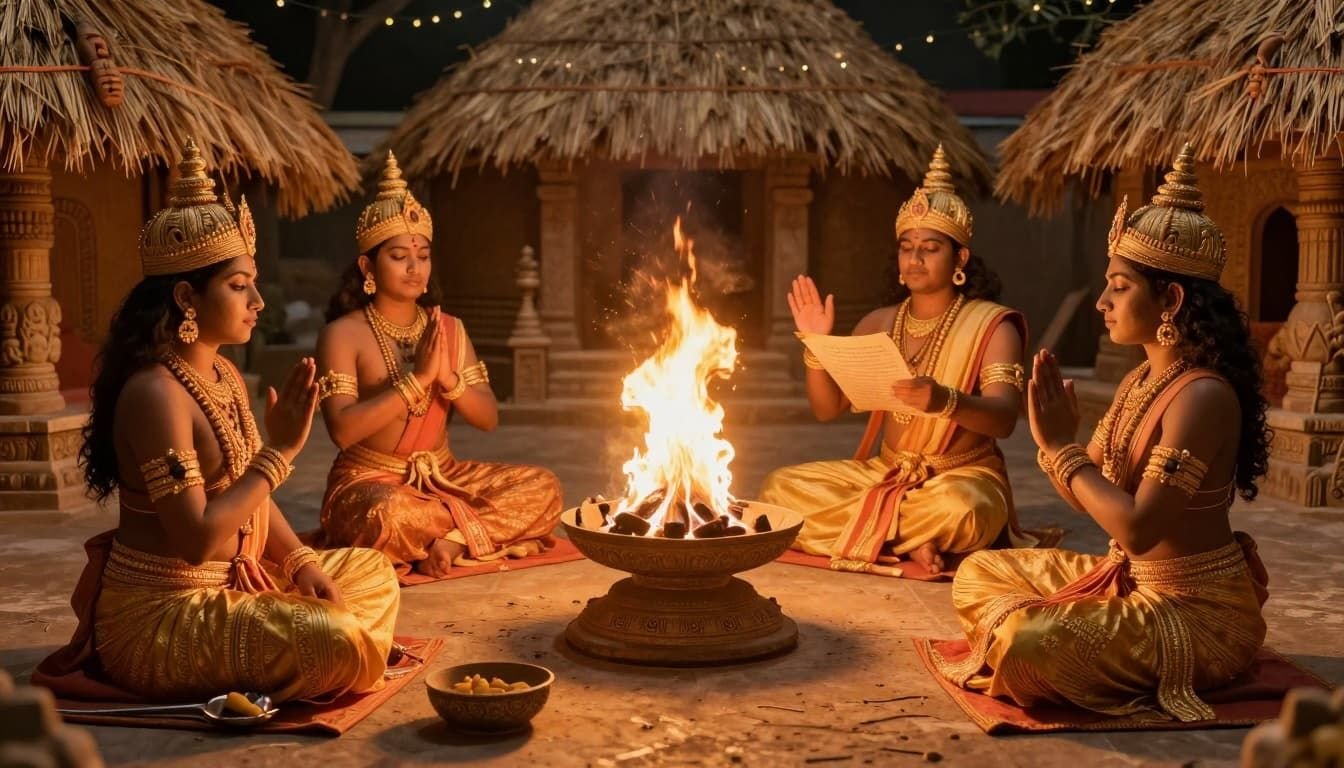 Landscape in ancient Hindu art style depicting Vedic priests in a ritual fire ceremony chanting the Shatarudriya hymn, with a central fire altar, intricate patterns, and warm golden lighting.