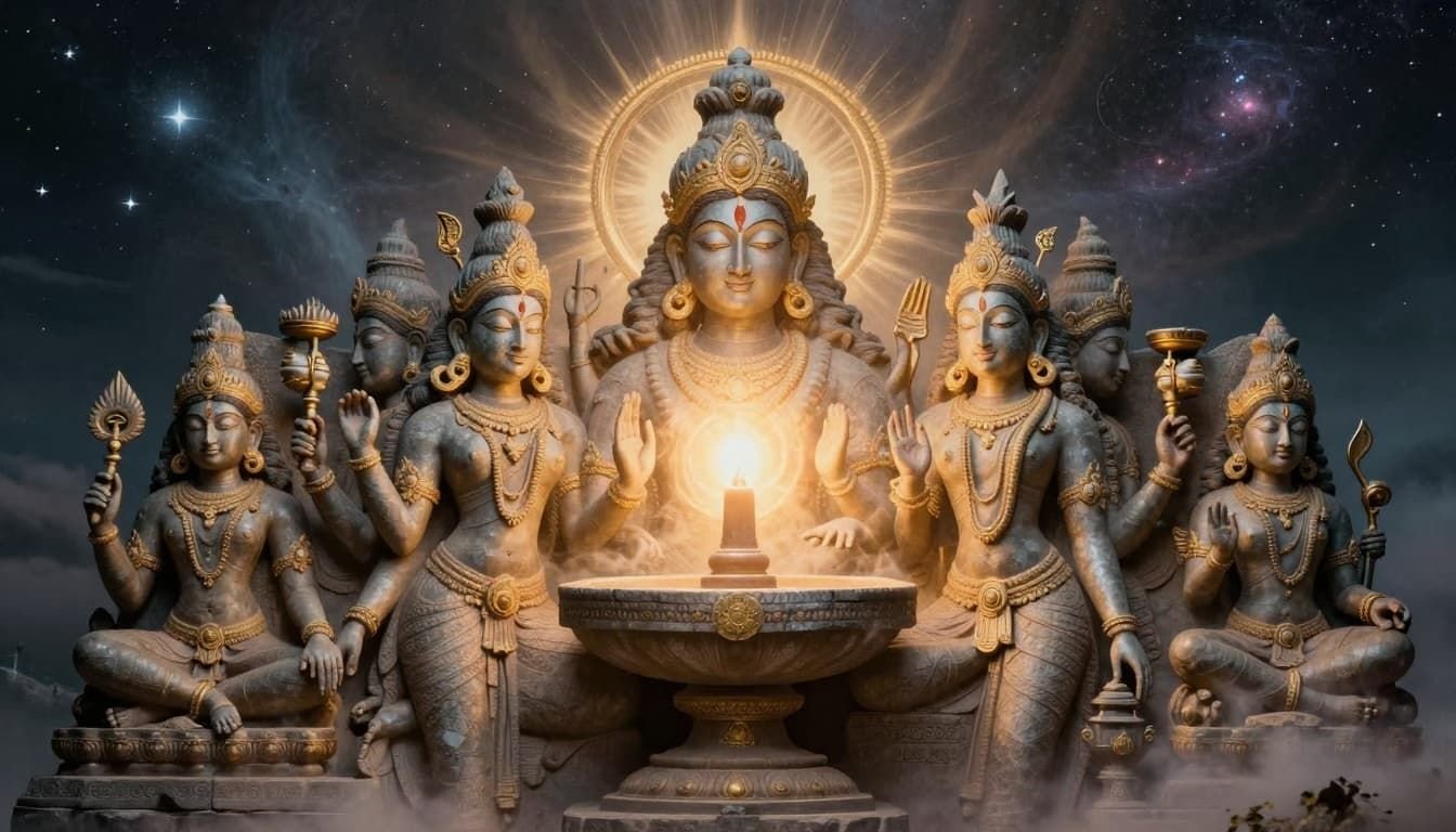 Landscape in ancient Hindu art style symbolizing Vedic philosophy of one reality many names, featuring a central radiant lingam with emerging deity faces like Rudra, Indra, Agni fading into unity, cosmic starry background with subtle storms and ethereal glow in stone relief with gold accents.