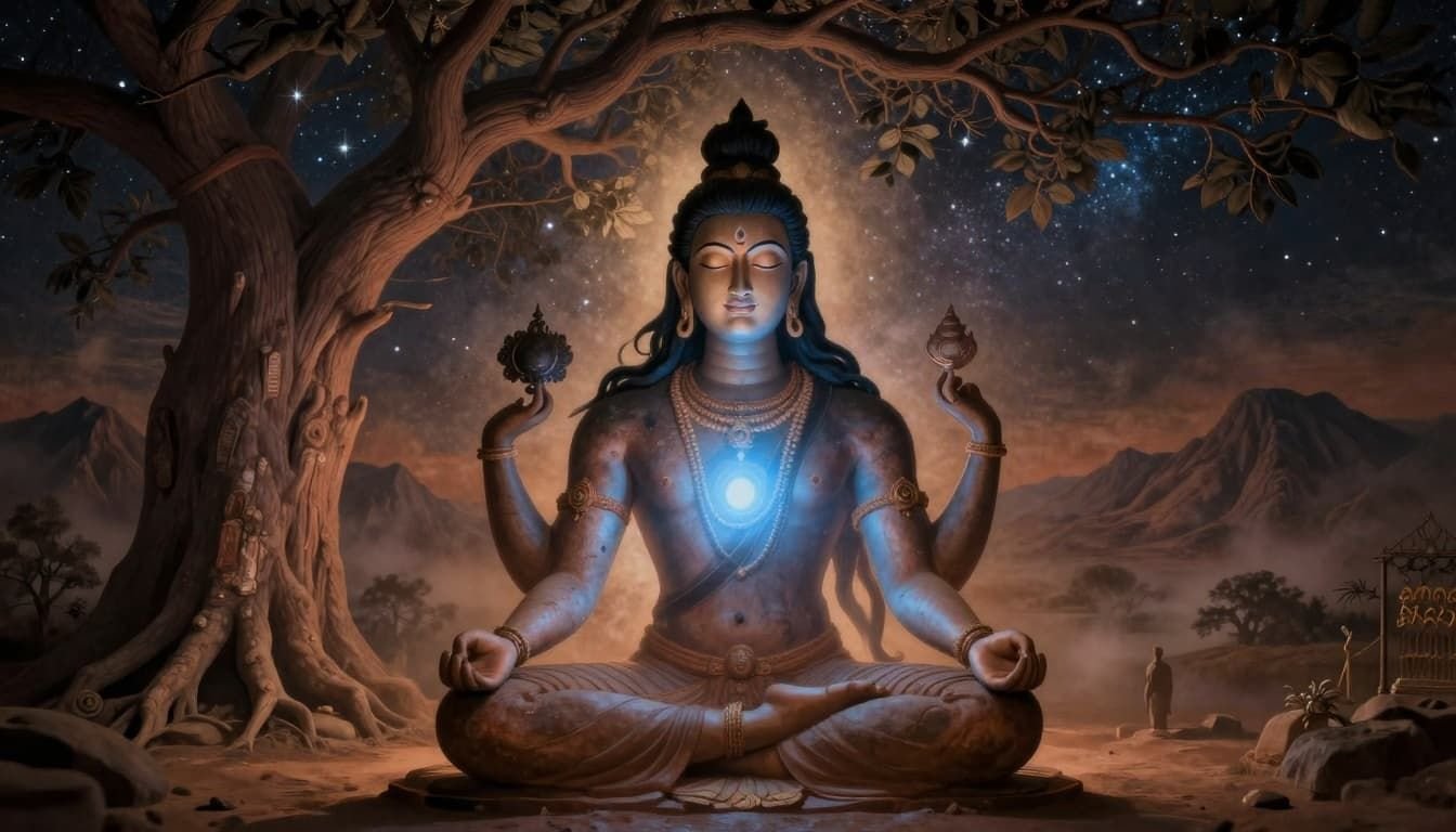 A solitary figure in lotus posture meditates under a starry night sky near a banyan tree, visualizing a glowing Shiva silhouette in ancient Hindu Ajanta cave art style with rich earth tones and misty mountains.