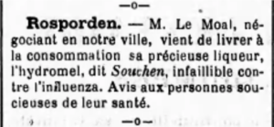 Première apparition de la notion de Souchen (chouchen) dans le Journal de L’Union Agricole du Finistère du 15 novembre 1895