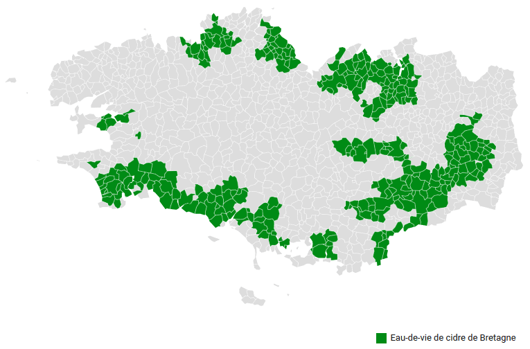 Carte des communes associées à l'AOC Eau-de-vie de cidre de Bretagne