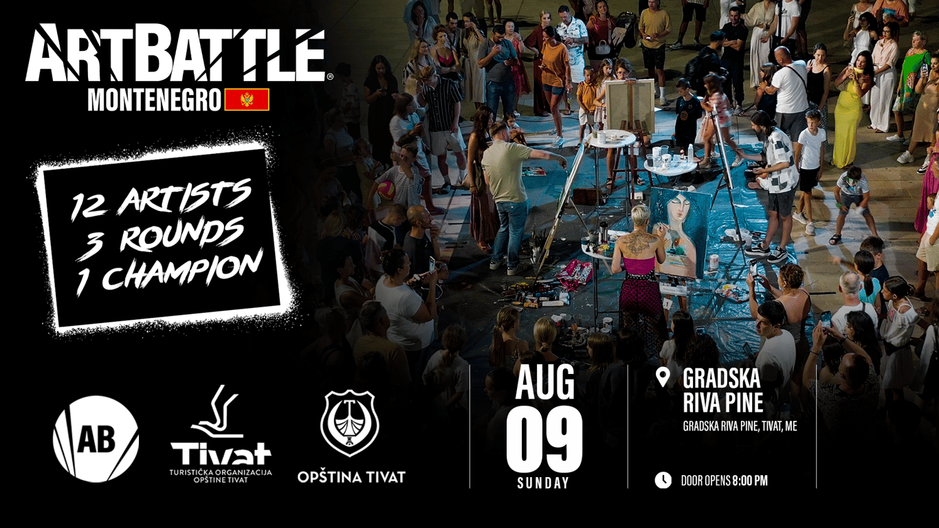 Promotional asset for Art Battle Tivat on August 9, 2026: ab4096 - Tivat - 1920x1080.png.