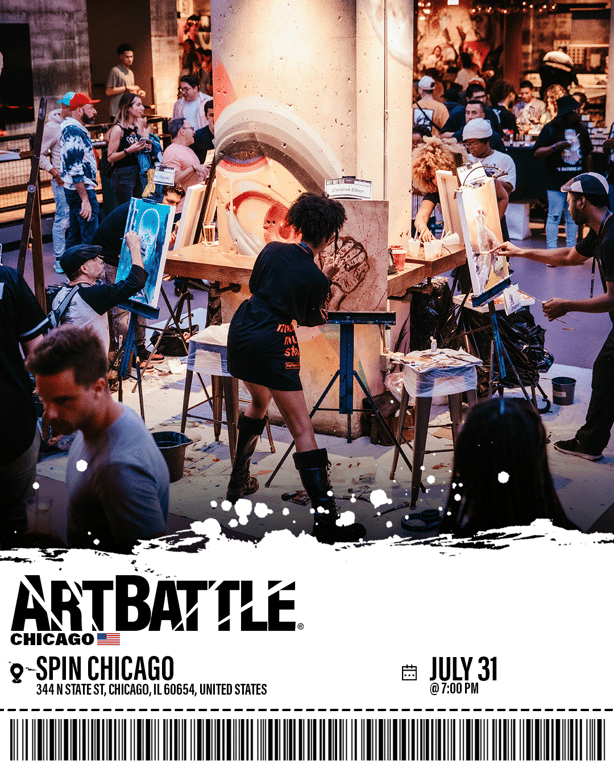 Promotional asset for Art Battle Chicago on July 31, 2026: ab4100_ads_barcode.png.
