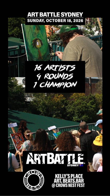 Promotional asset for Art Battle Sydney on October 18, 2026: AB4140 - Sydney x Crows Nest - 18OCT2026A4.jpg.