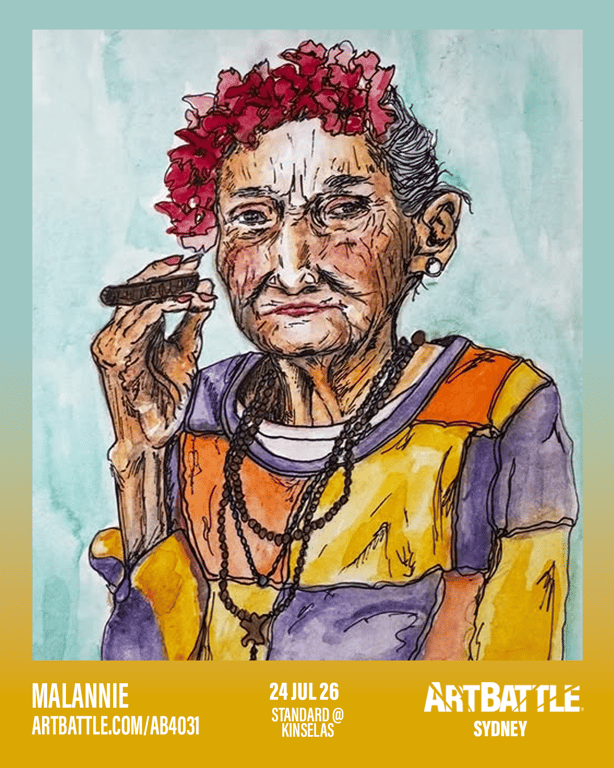 Promotional asset for Art Battle Sydney on July 24, 2026: ab4031_malannie.png.