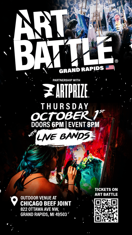Promotional asset for Art Battle Grand Rapids on October 1, 2026: AB4101 - Grand Rapids x ArtPrize 01OCT2026 - 1080x1920.png.