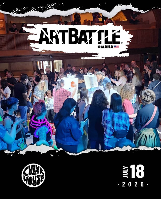 Promotional poster for Art Battle Omaha on July 18, 2026.