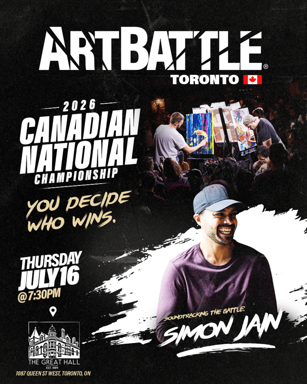 Promotional asset for Art Battle Toronto on July 16, 2026: ab4029_dj_simon jain_poster.png.
