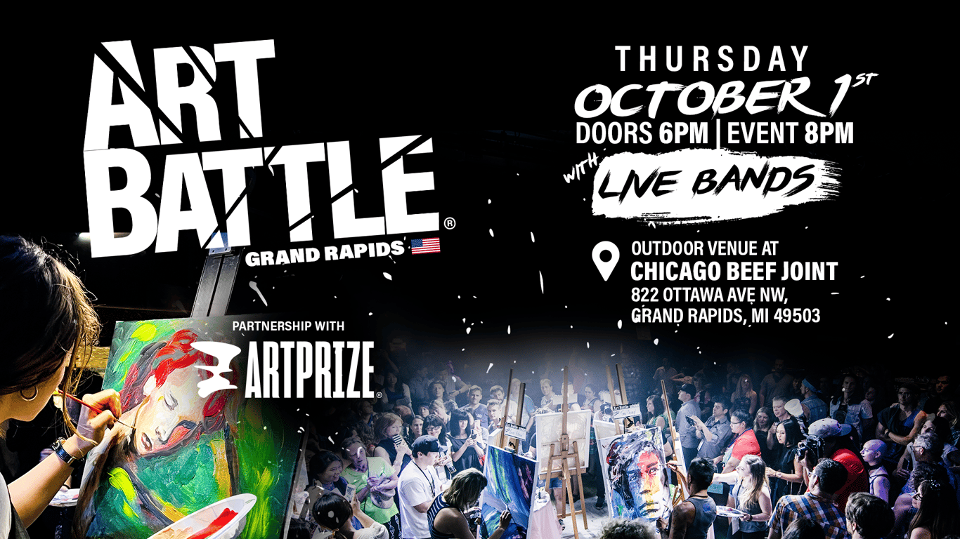 Promotional asset for Art Battle Grand Rapids on October 1, 2026: AB4101 - Grand Rapids x ArtPrize 01OCT2026 - 1920x1080.png.