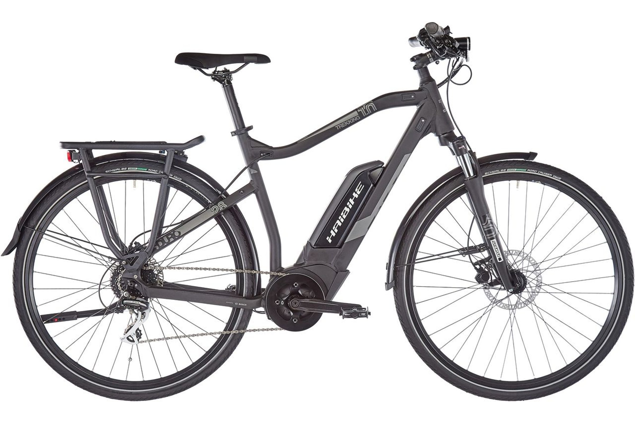 Svart Haibike Sduro Trekking 1.0 fra siden med elektrisk motor.