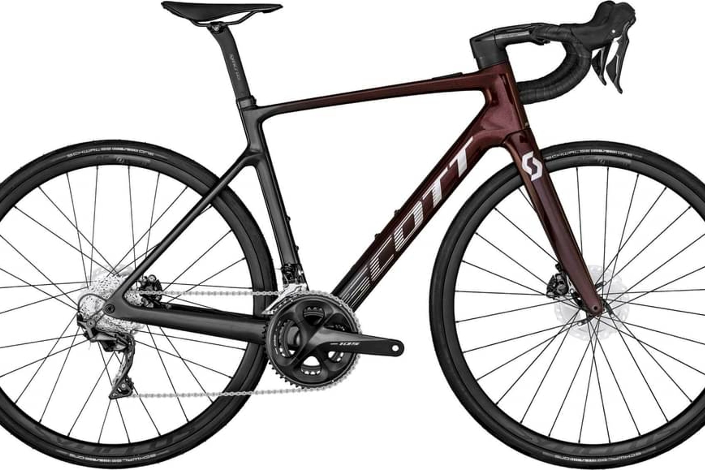 Burgunder Scott Addict eRIDE 30 fra siden med lett ramme.