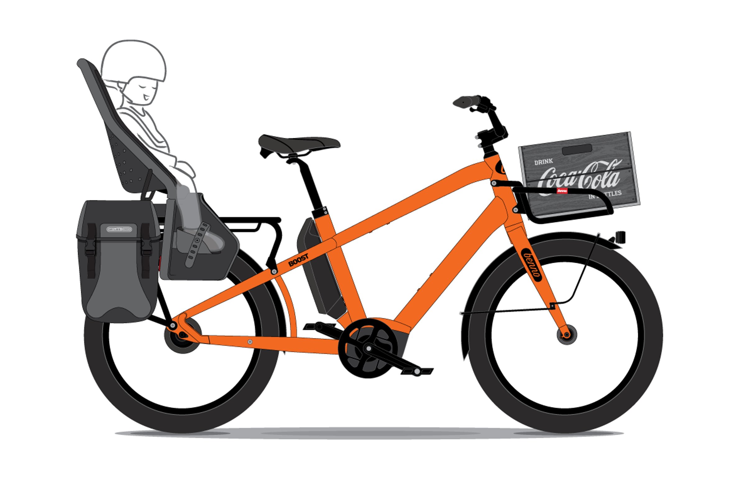 Oransje Benno Boost 10D CX500 EVO5 fra siden med barnesete.