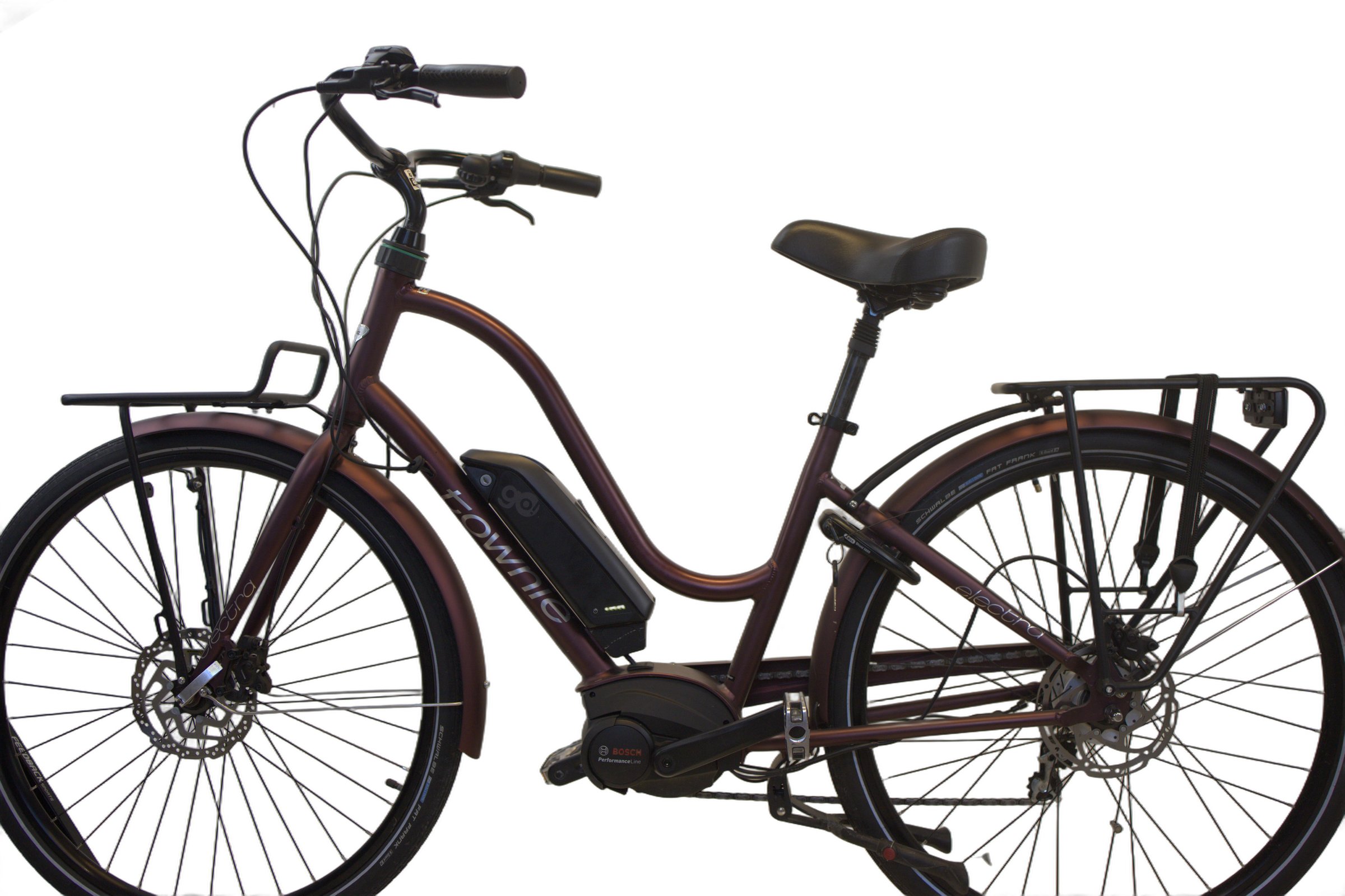 Burgunder Electra Townie Go elsykkel fra siden.