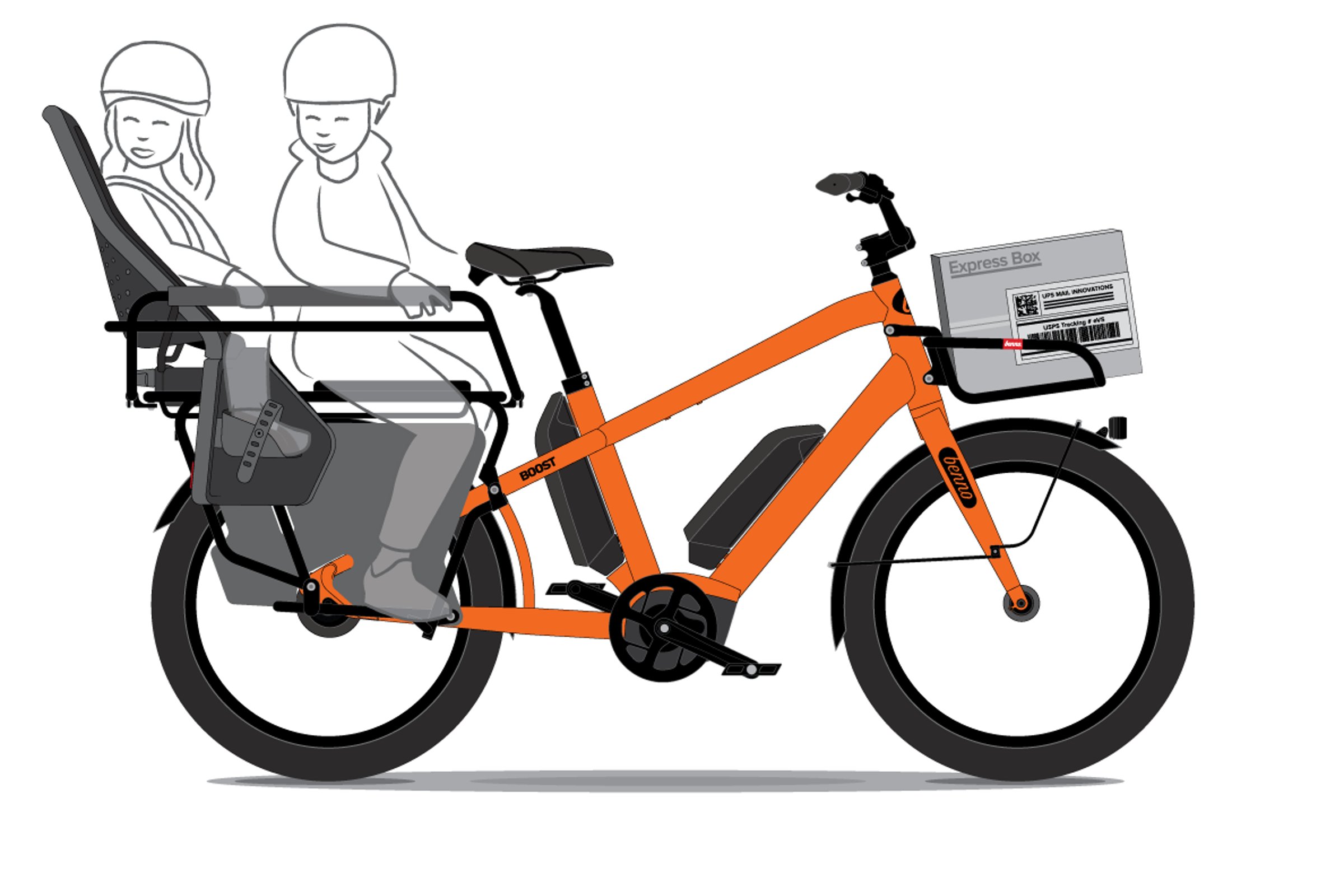 Oransje Benno Boost 10D CX500 EVO5 med to barneseter.