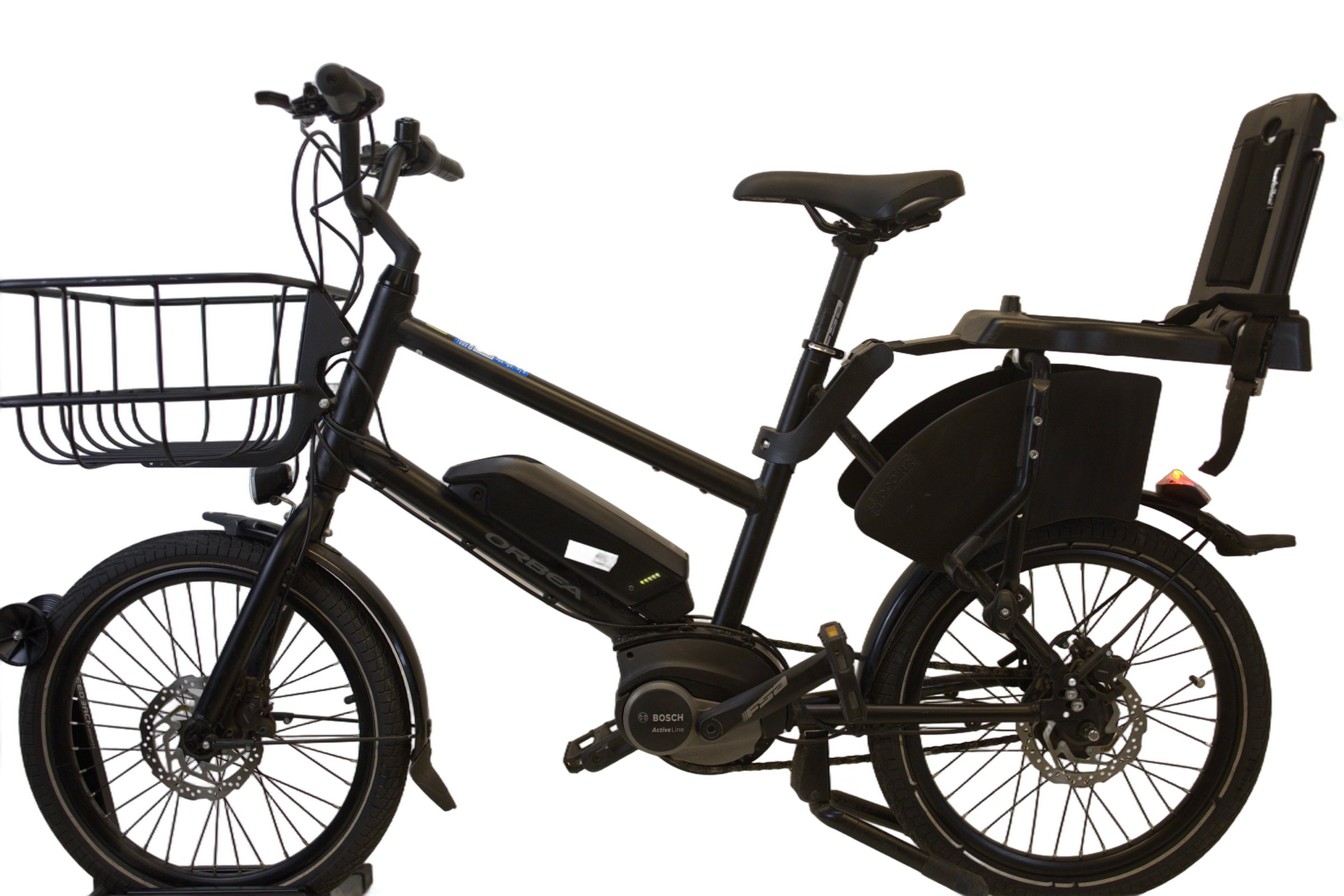 Orbea KATU-E 30 med barnesete/pute og kurv